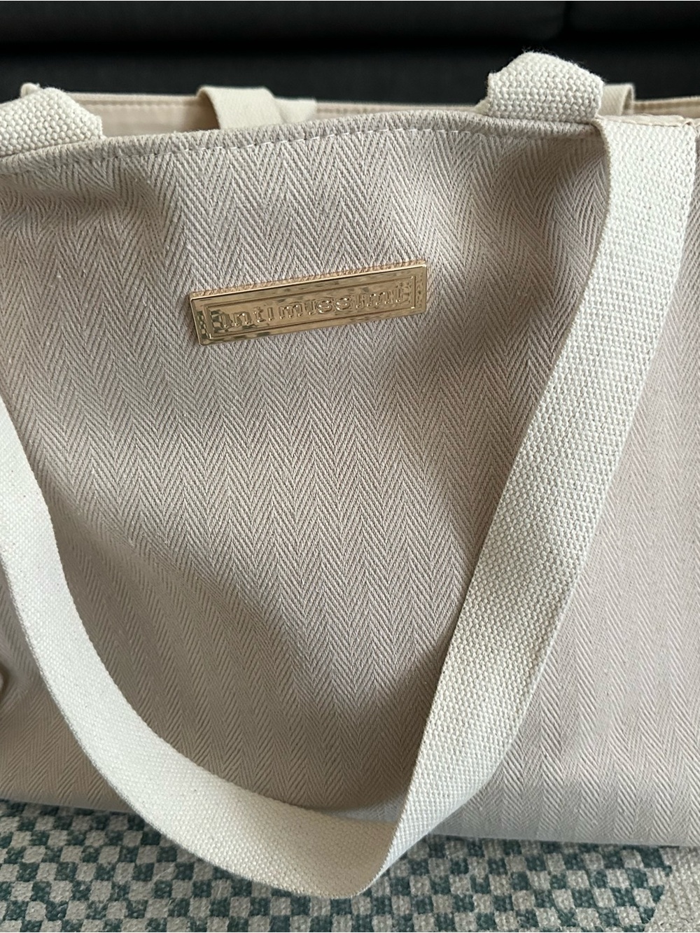 Beige Intimissimi Large Canvas Tote Bag with Gold Logo Plaque